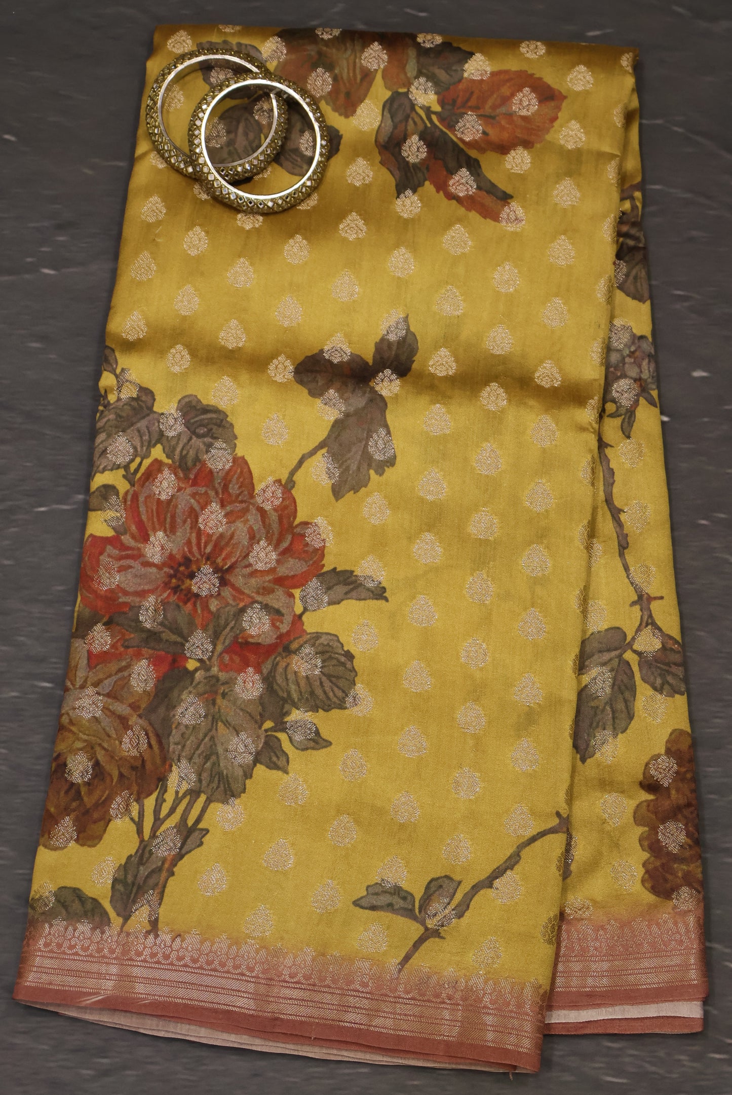 Pure Banarasi Saree Chiniya Silk -Mustard Tree Pattern