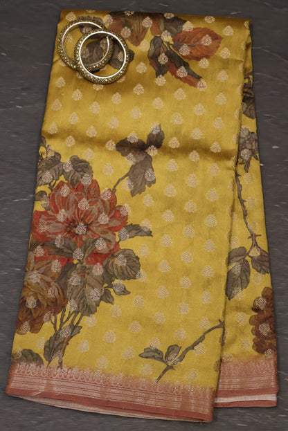 Pure Banarasi Saree Chiniya Silk -Mustard Tree Pattern