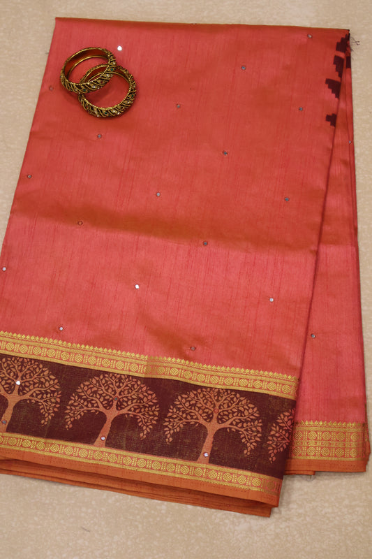 Semi Tussar Saree - Orange Tree Pattern