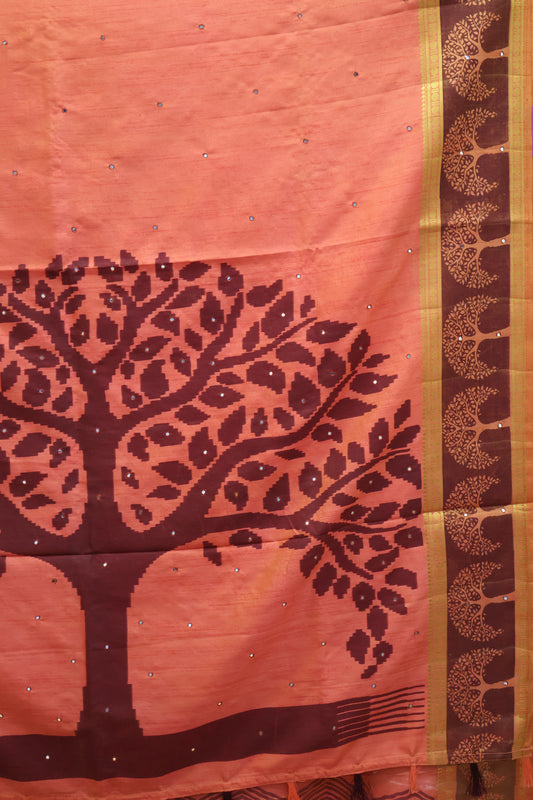 Semi Tussar Saree - Orange Tree Pattern