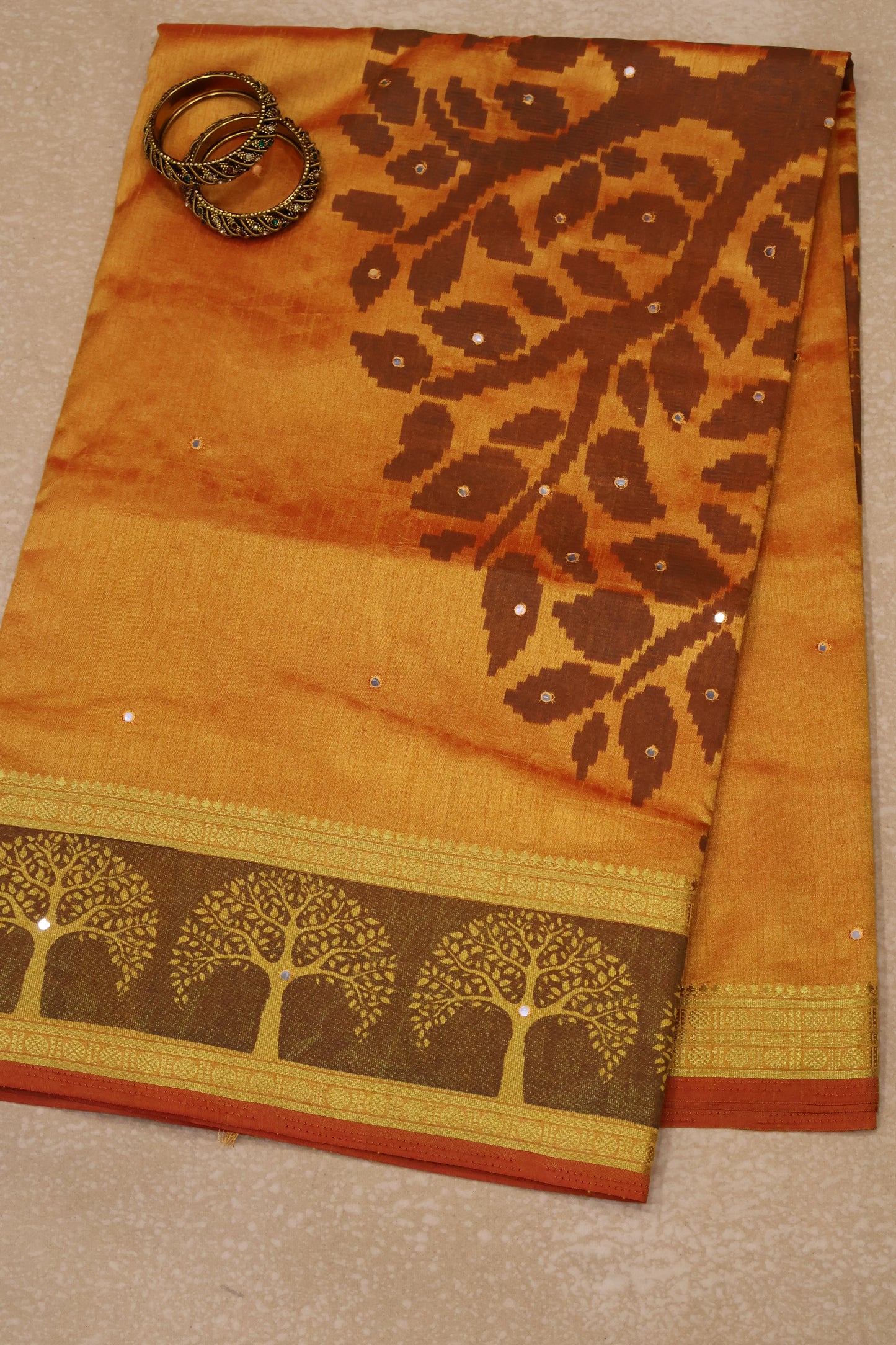 Semi Tussar Saree - Mango Yellow Tree Pattern