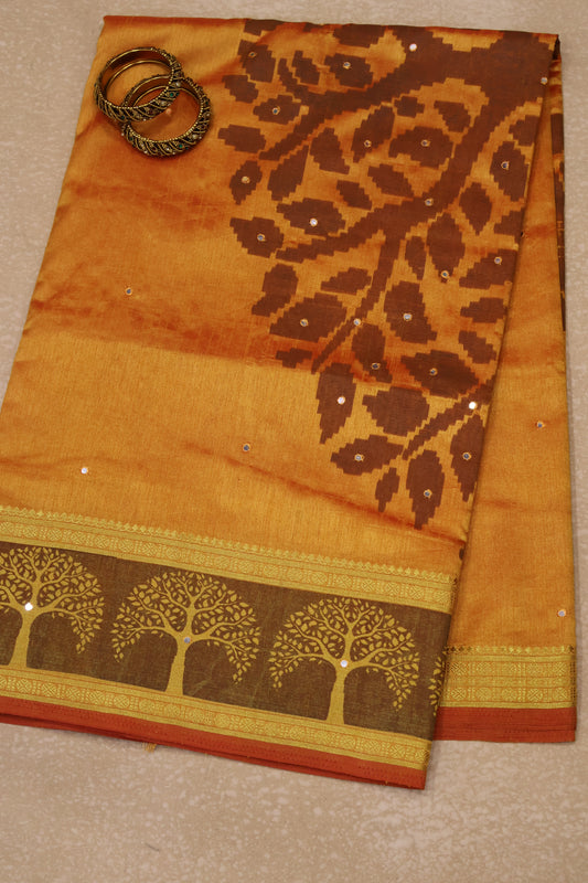 Semi Tussar Saree - Mango Yellow Tree Pattern
