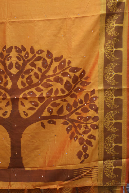 Semi Tussar Saree - Mango Yellow Tree Pattern