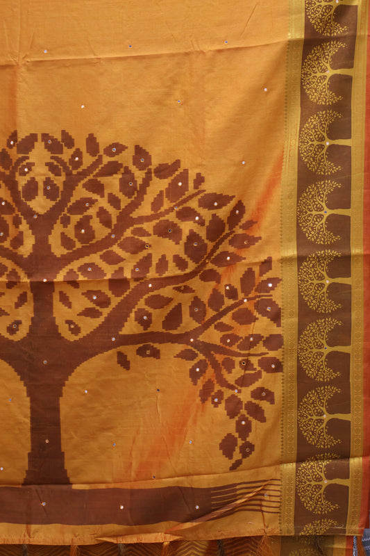 Semi Tussar Saree - Mango Yellow Tree Pattern