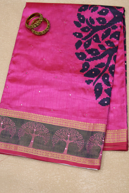 Semi Tussar Saree - Pink Tree Pattern