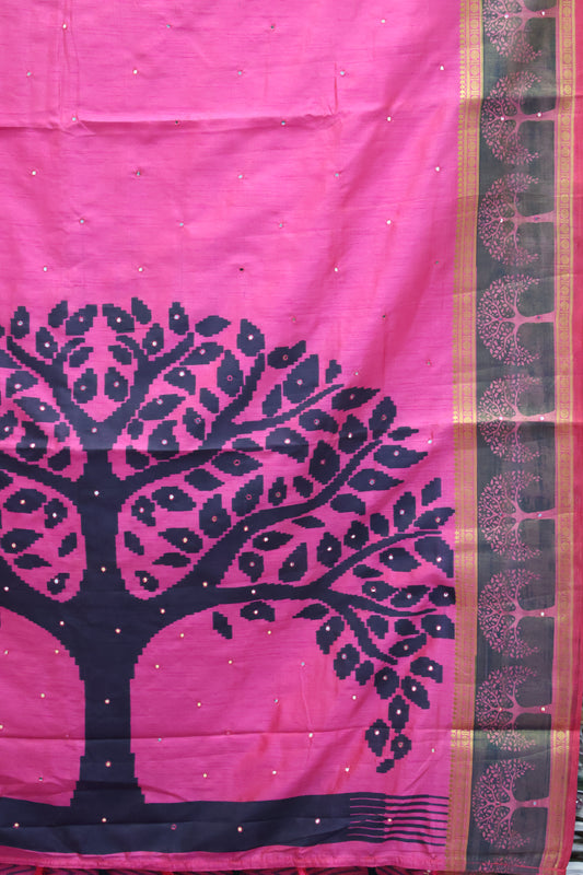 Semi Tussar Saree - Pink Tree Pattern
