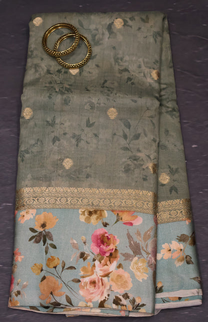 Pure Matka Tussar Saree-Metallic Green Satin Border