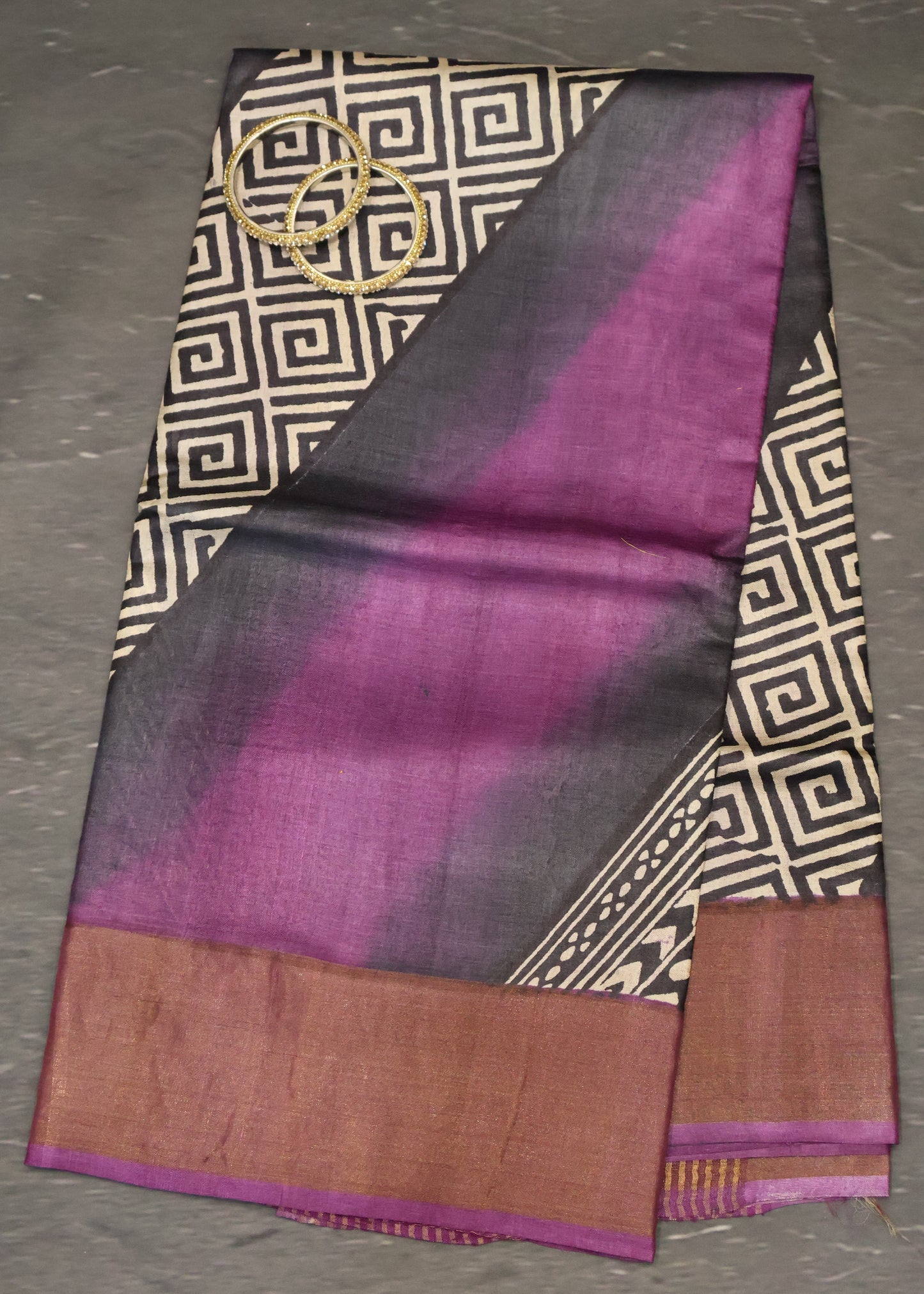 Pure Tussar Saree - Cuboid Pattern-Purple
