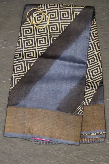 Pure Tussar Saree - Cuboid Pattern-Blue