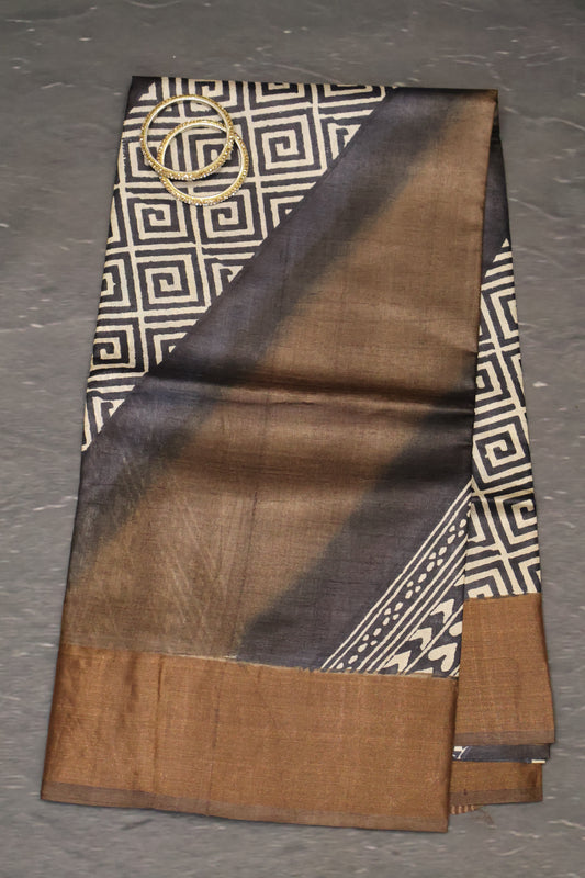 Pure Tussar Saree - Cuboid Pattern- Dark Brown