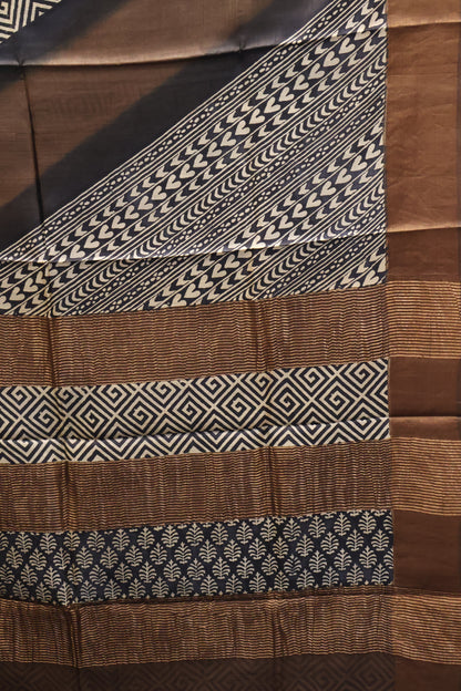 Pure Tussar Saree - Cuboid Pattern- Dark Brown