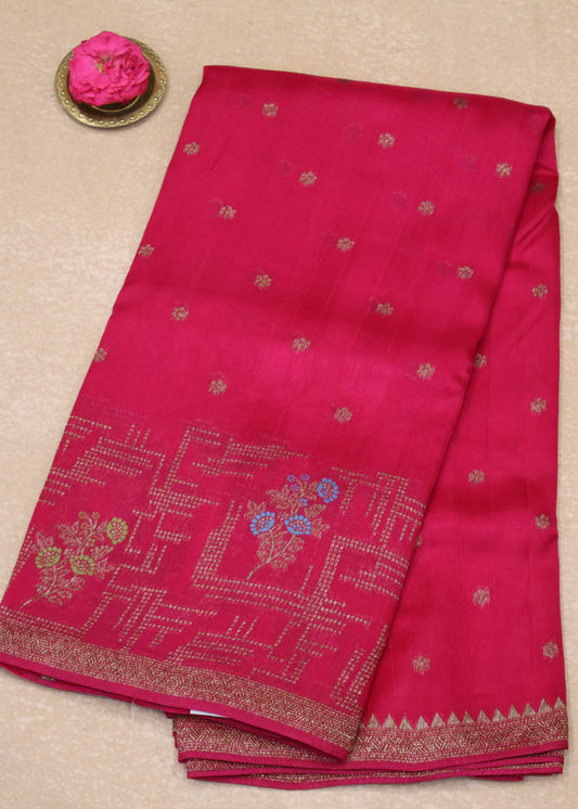 Banarasi Tussar -Rani Pink Geometric Border