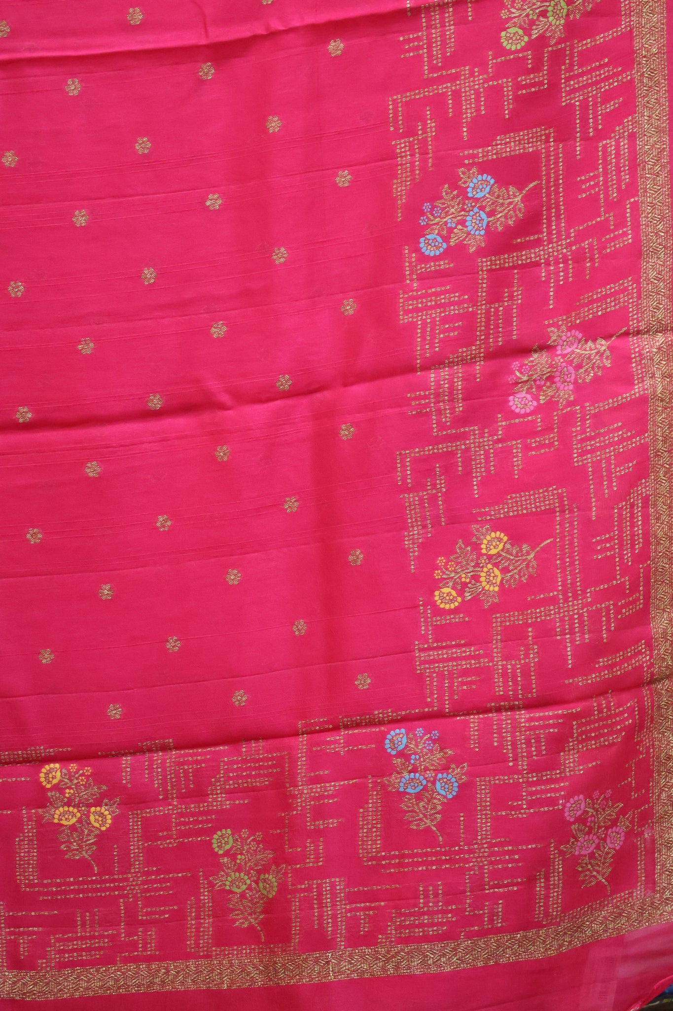Banarasi Tussar -Rani Pink Geometric Border