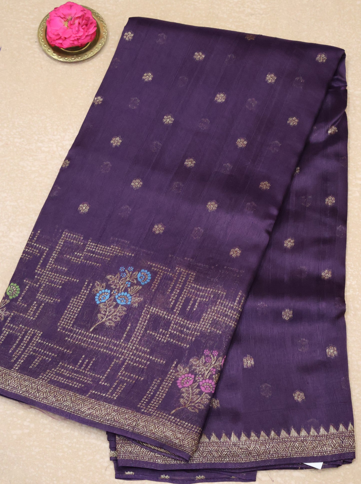 Banarasi Tussar -Wine Geometric Border