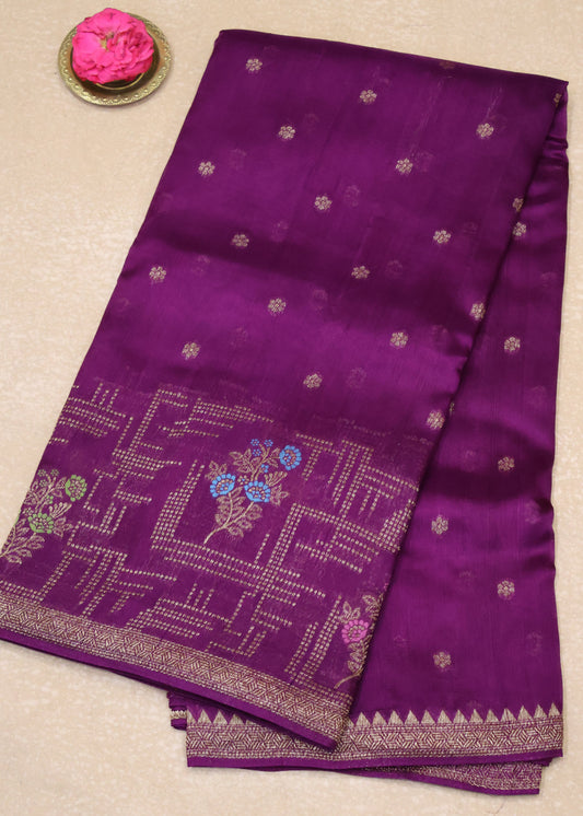 Banarasi Tussar -Purple Geometric Border