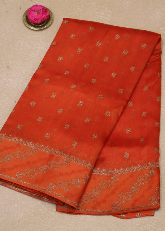 Banarasi Tussar -Orange Flower Border