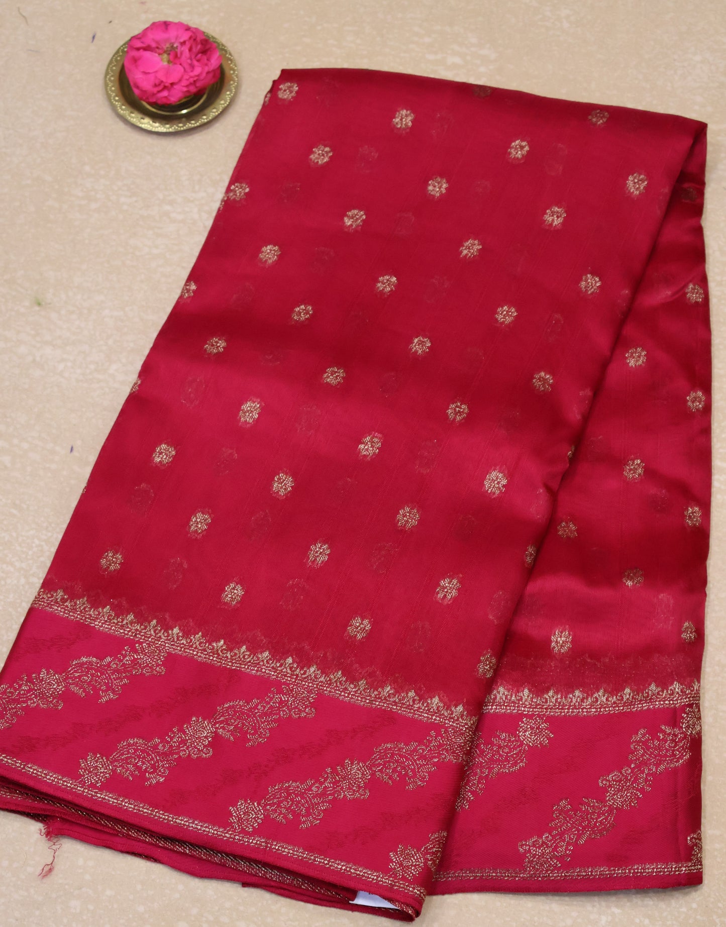 Banarasi Tussar -Rani Pink Flower Border