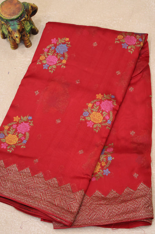 Banarasi Tussar -Red zigzag Border