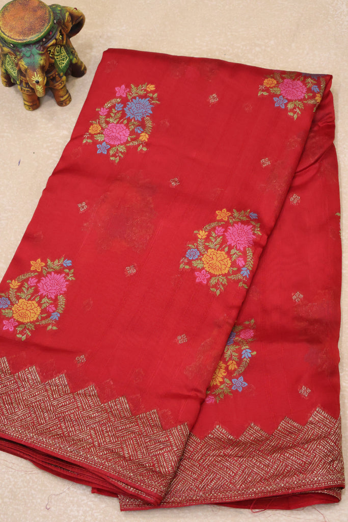 Banarasi Tussar -Red zigzag Border