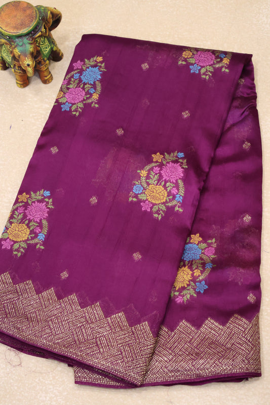 Banarasi Tussar -Wine zigzag Border