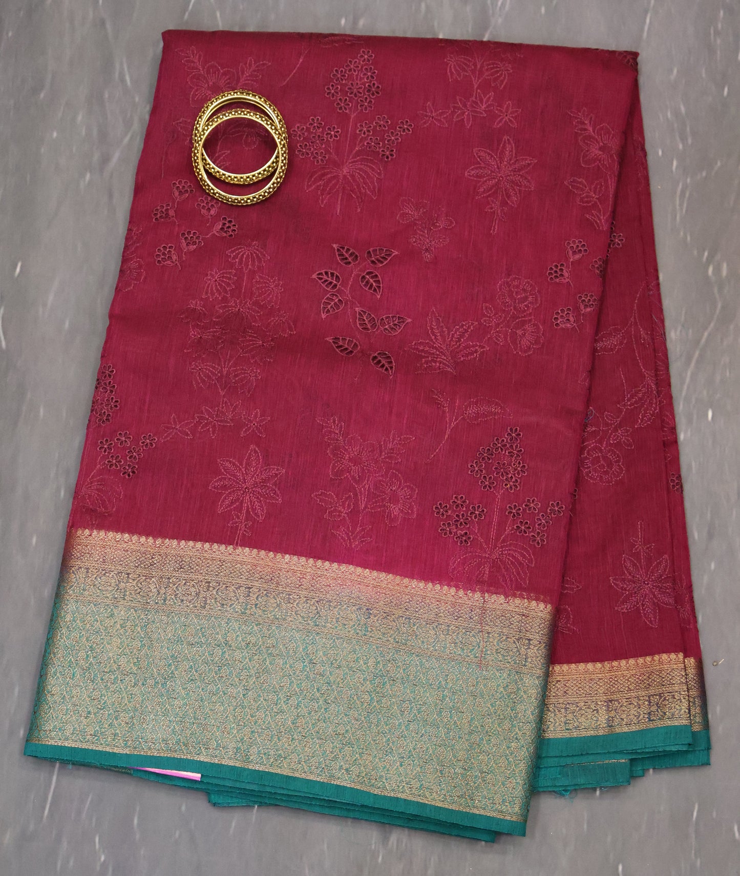 Bamboo Silk Saree-Wine Flower Cut Work