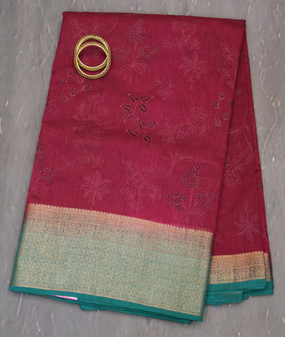 Bamboo Silk Saree-Wine Flower Cut Work