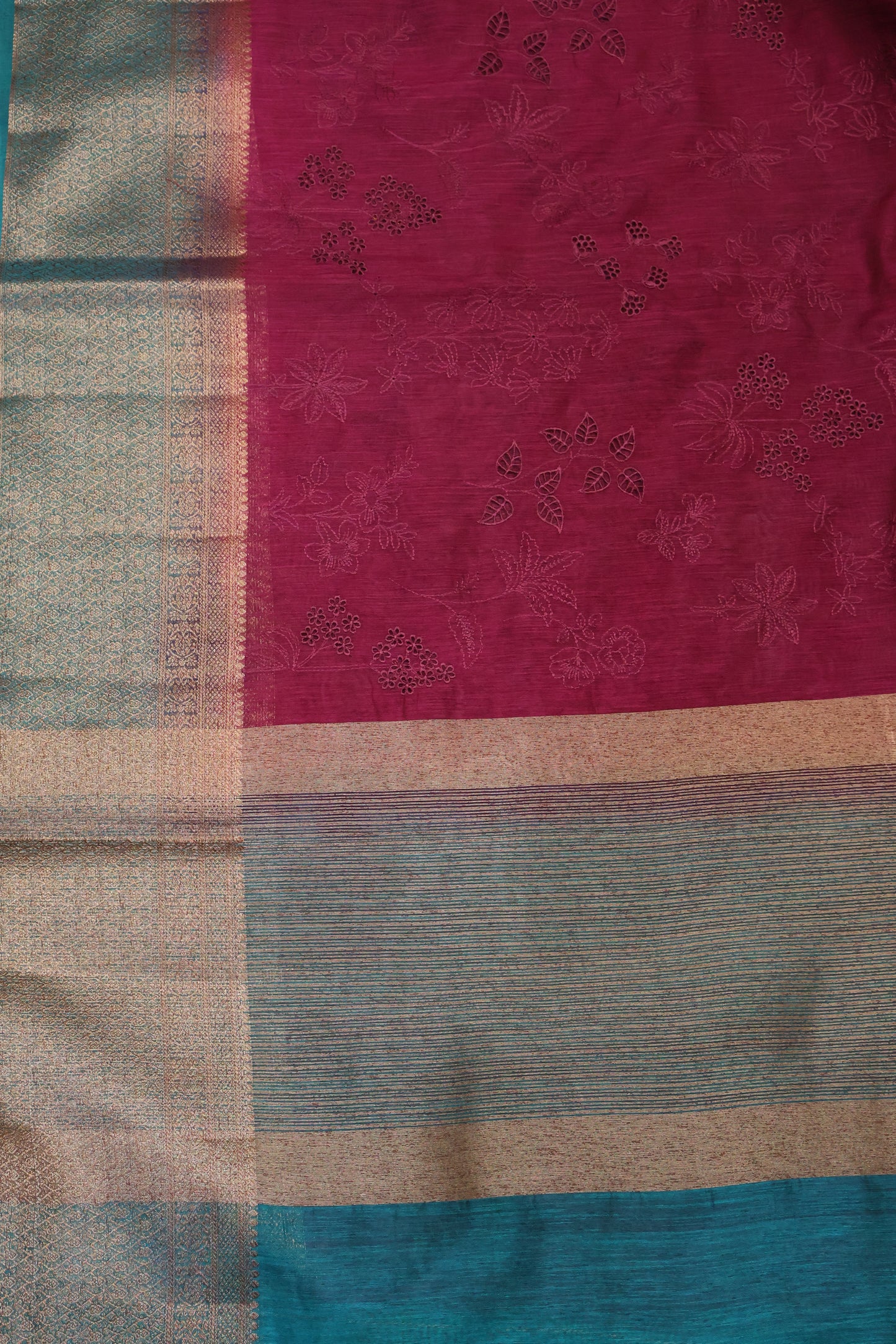 Bamboo Silk Saree-Wine Flower Cut Work