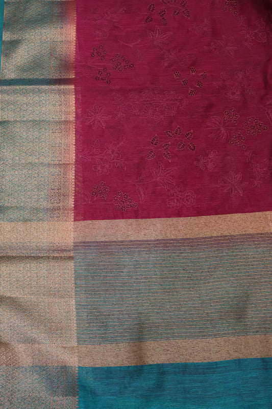 Bamboo Silk Saree-Wine Flower Cut Work