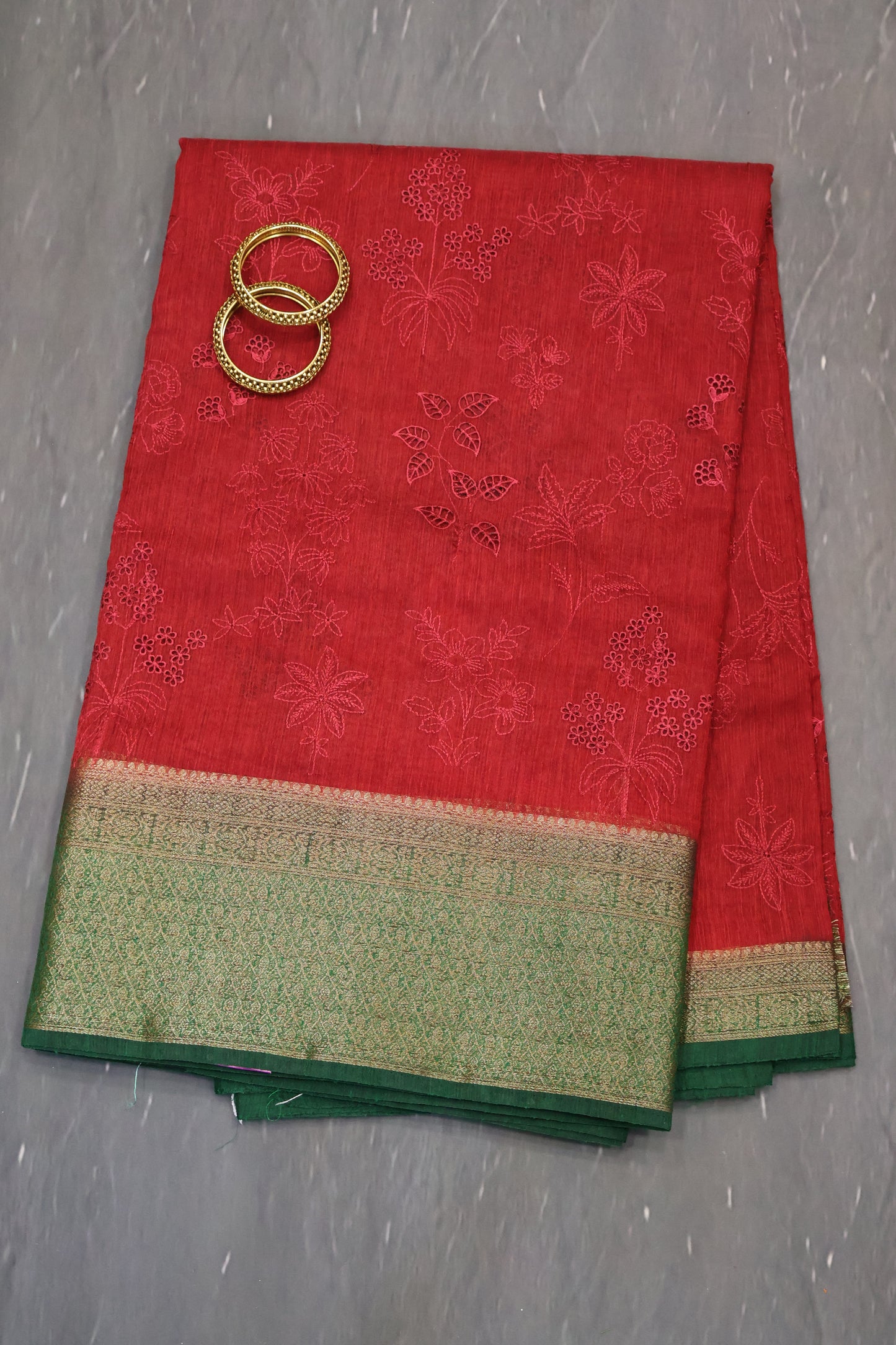 Bamboo Silk Saree-Maroon Flower Cut Work