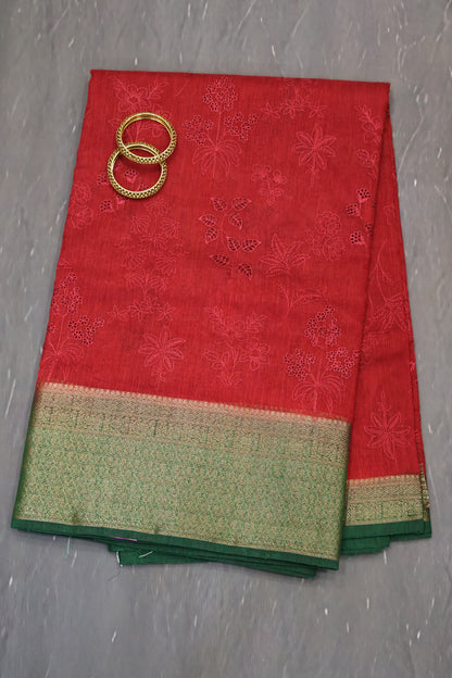 Bamboo Silk Saree-Maroon Flower Cut Work