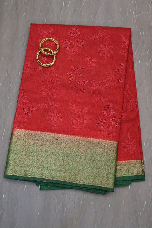 Bamboo Silk Saree-Maroon Flower Cut Work