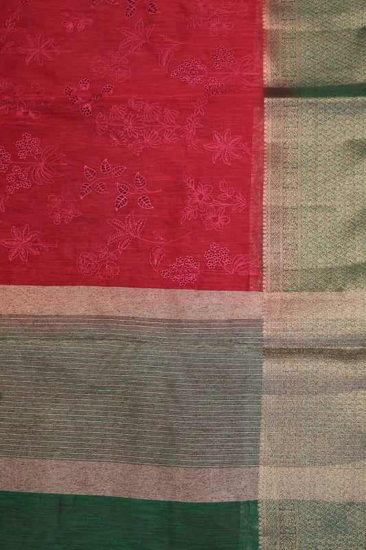 Bamboo Silk Saree-Maroon Flower Cut Work