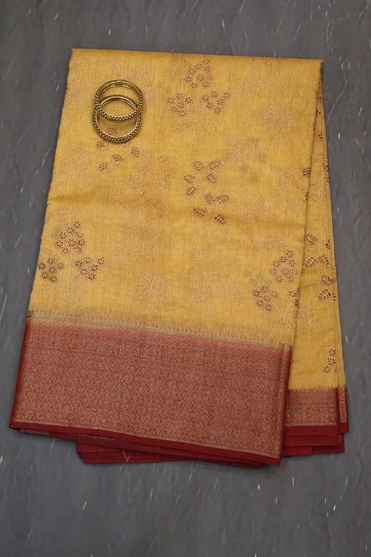Bamboo Silk Saree-Sandal Flower Cut Work