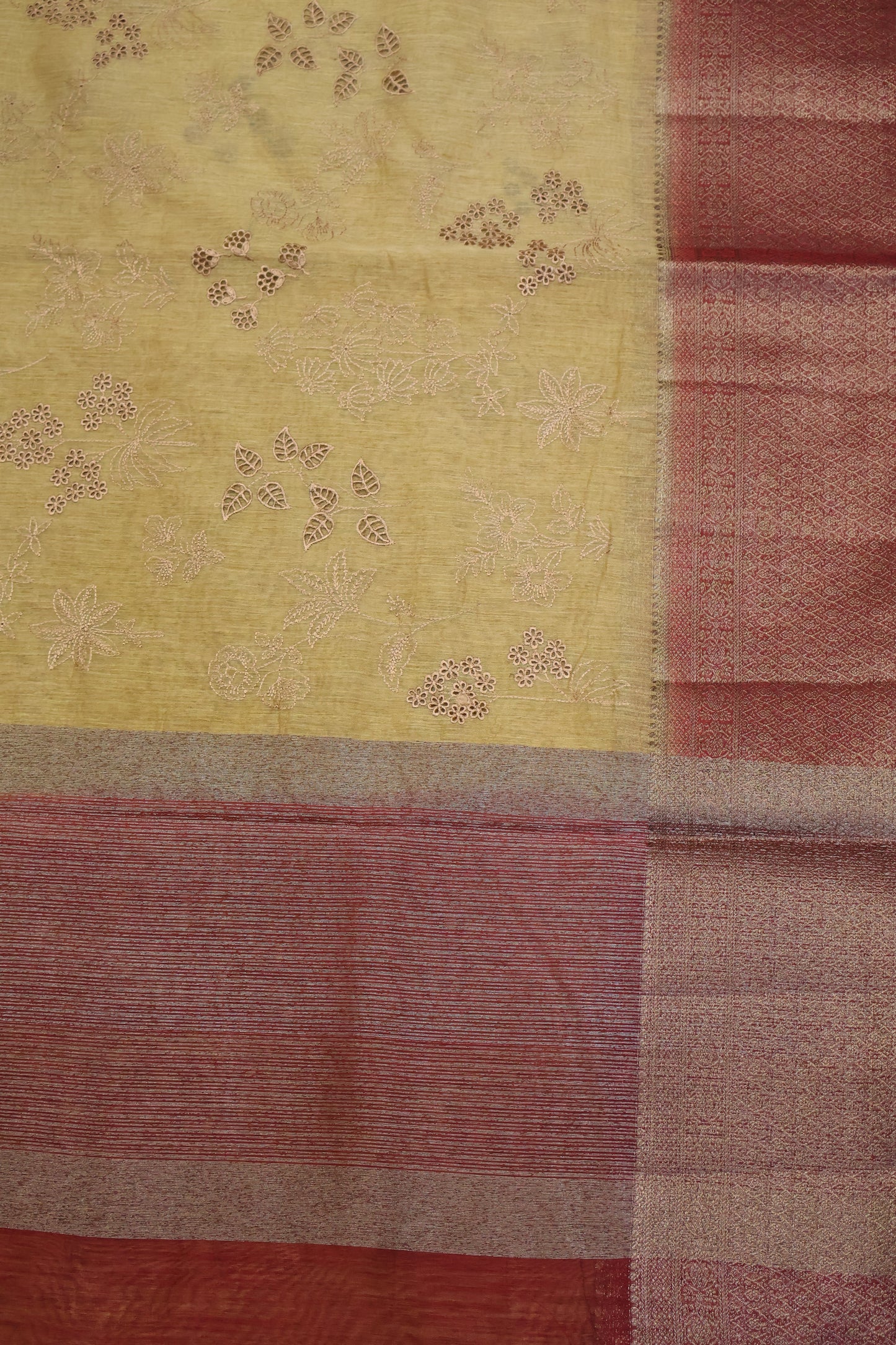Bamboo Silk Saree-Sandal Flower Cut Work