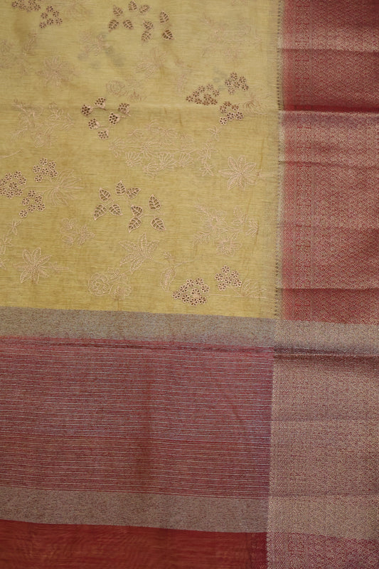Bamboo Silk Saree-Sandal Flower Cut Work