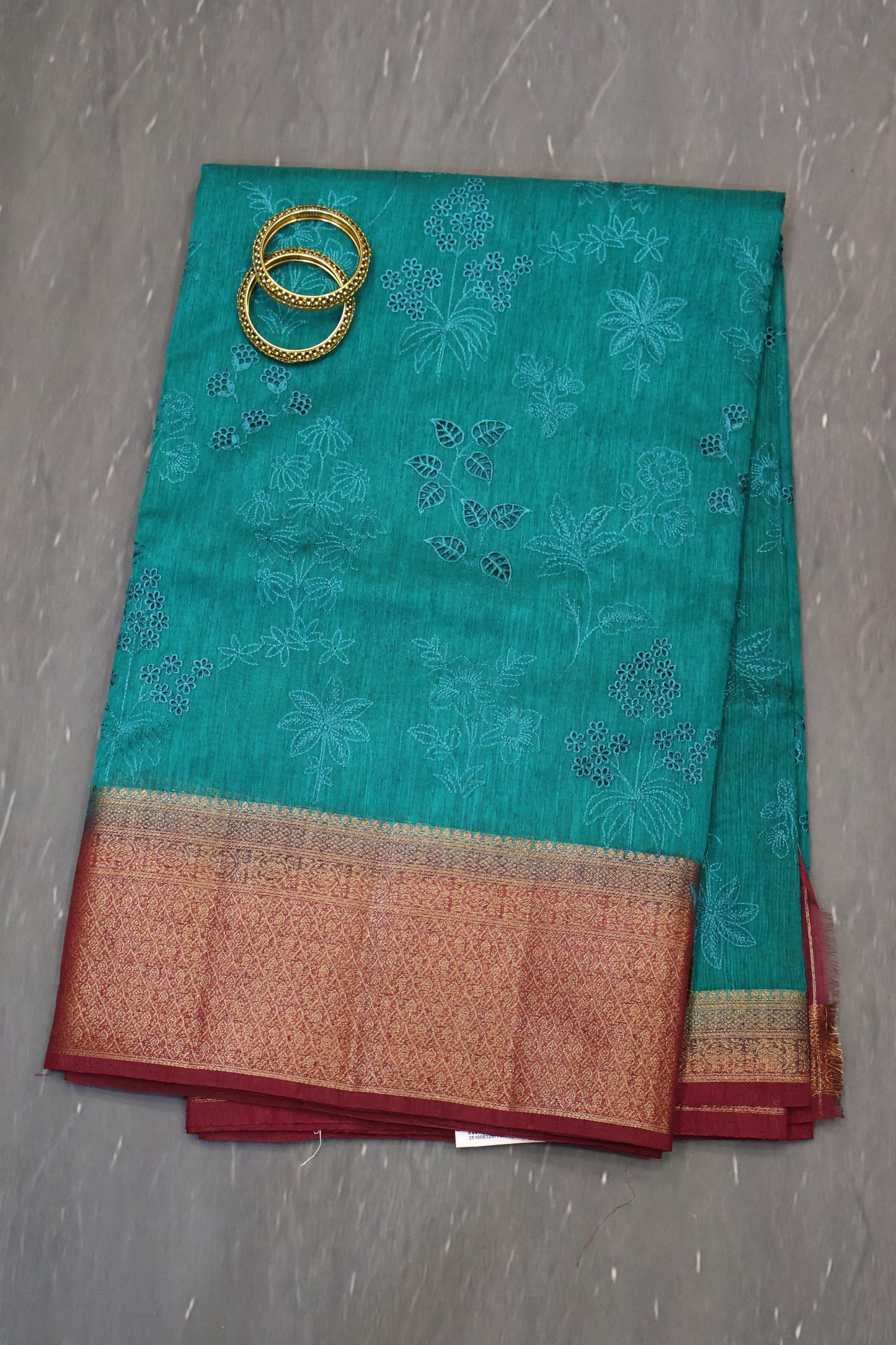 Bamboo Silk Saree-Peacock Green Flower Cut Work