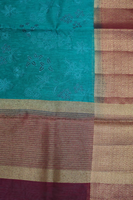 Bamboo Silk Saree-Peacock Green Flower Cut Work