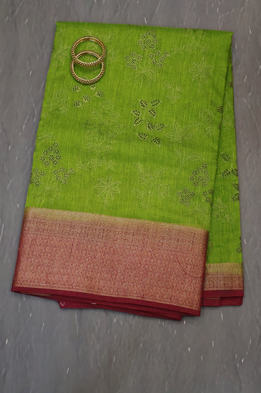 Bamboo Silk Saree-Olive Green Flower Cut Work