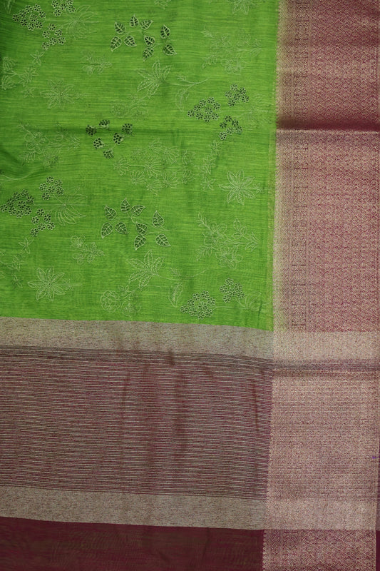 Bamboo Silk Saree-Olive Green Flower Cut Work