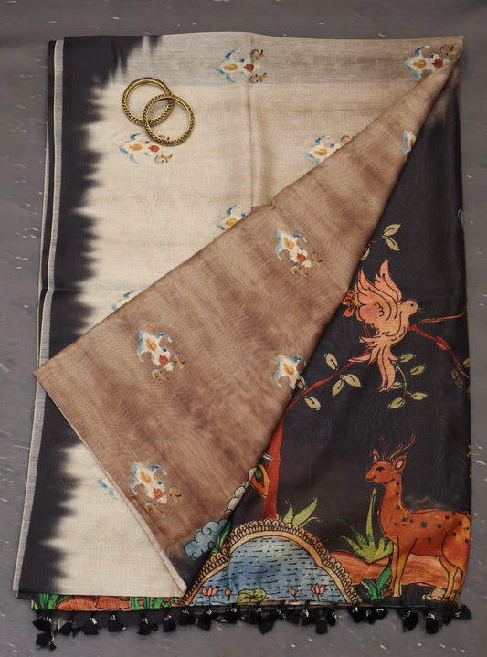 Chanderi Cotton Saree-Deer Print-Black