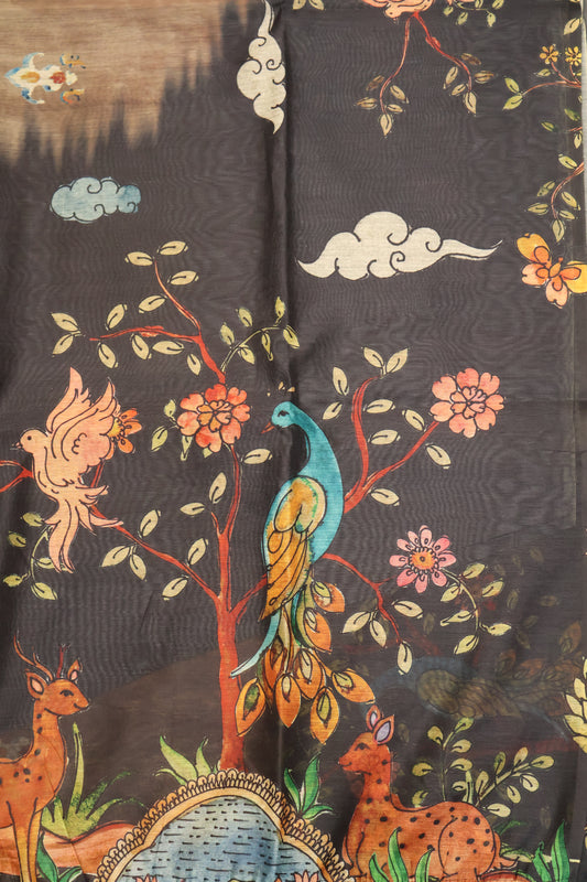 Chanderi Cotton Saree-Deer Print-Black