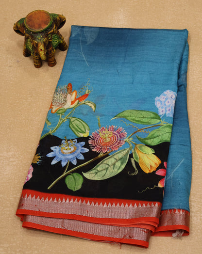 Mangal Giri Silk Saree-Sky Blue-Orange