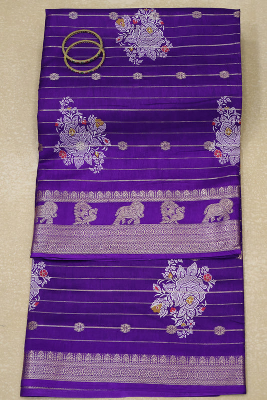 Dola Silk Saree-Purple Zari Lines Rose