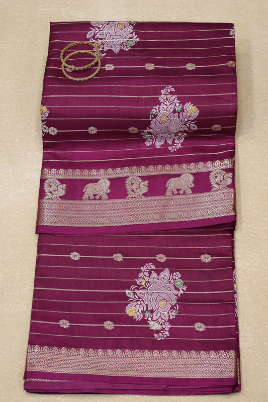 Dola Silk Saree-Wine Zari Lines Rose