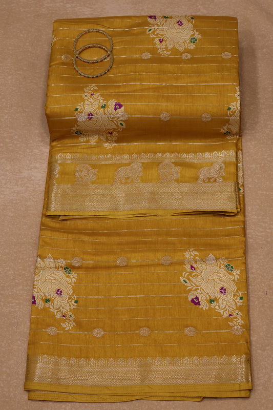 Dola Silk Saree- Mustard Zari Lines Rose