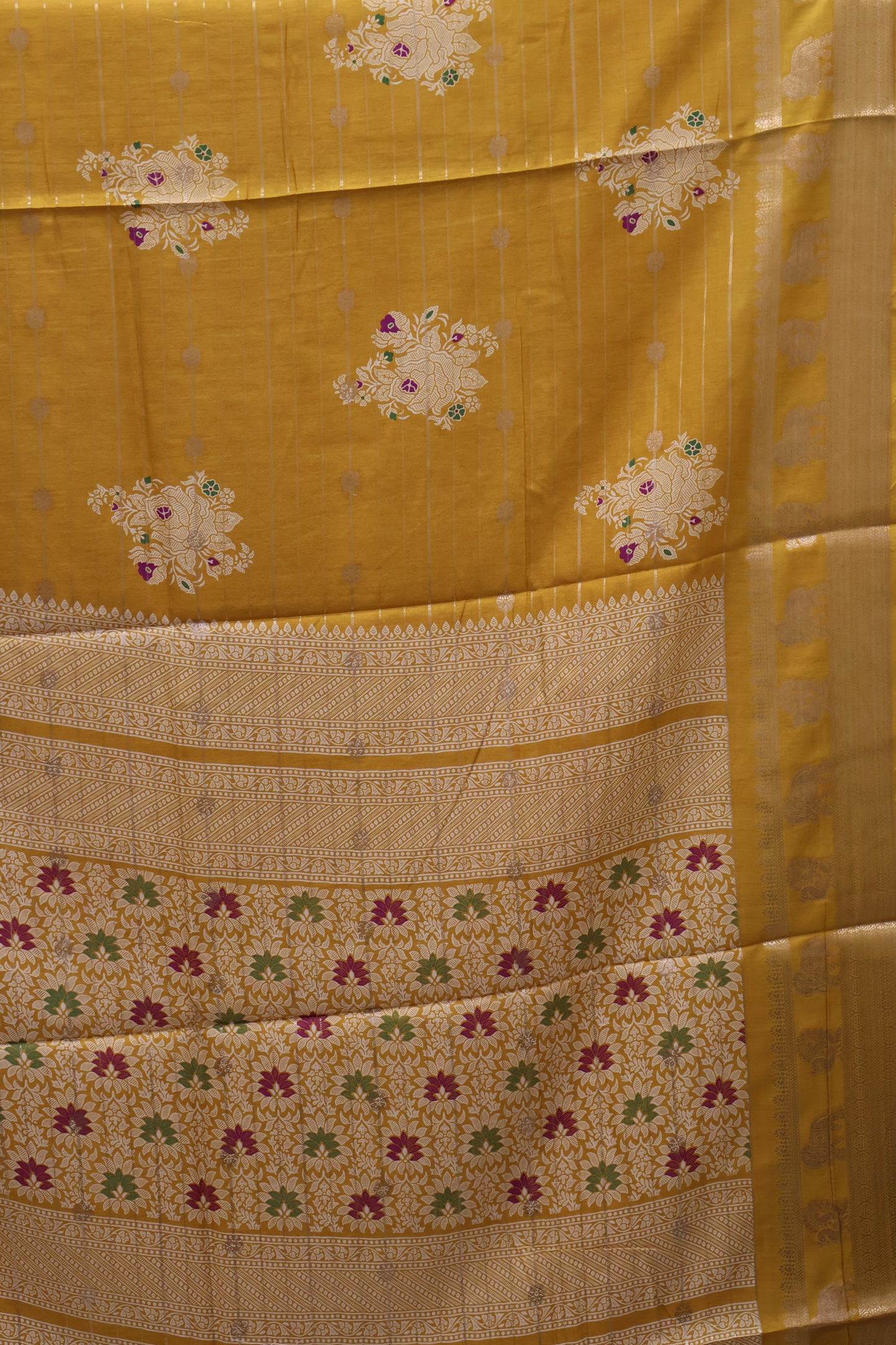 Dola Silk Saree- Mustard Zari Lines Rose