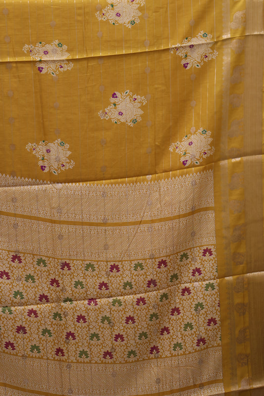 Dola Silk Saree- Mustard Zari Lines Rose