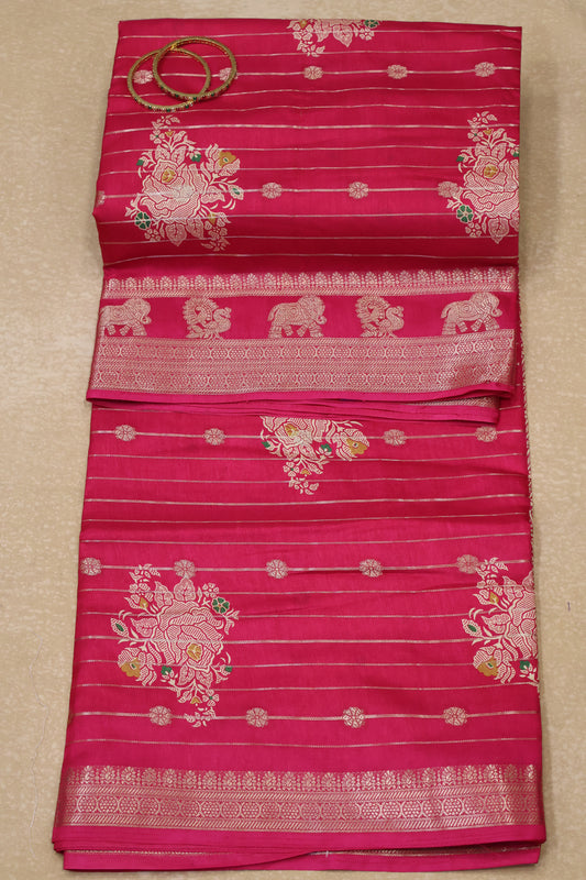 Dola Silk Saree- Pink Zari Lines Rose
