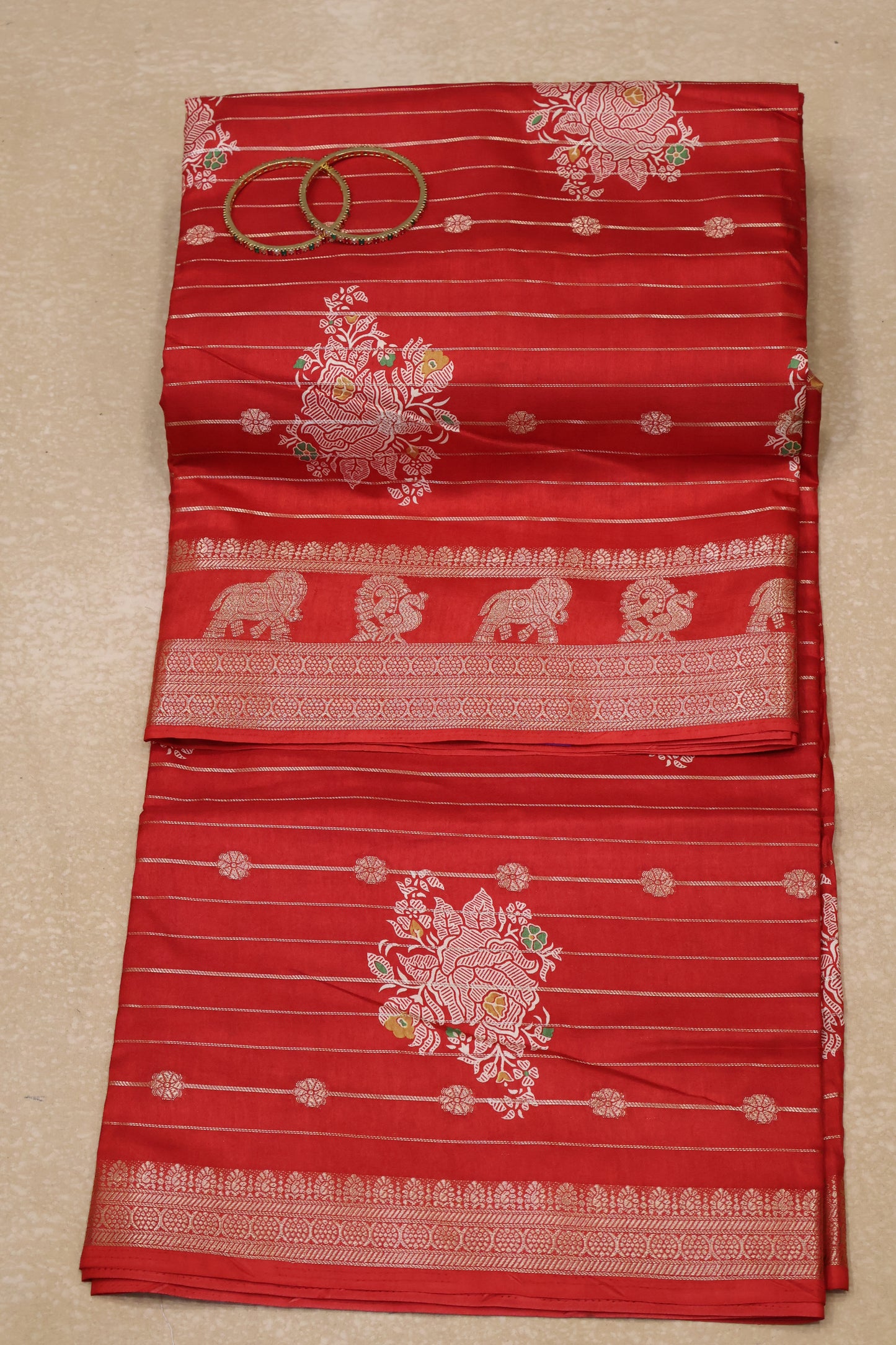 Dola Silk Saree- Red Rose Zari Lines Rose