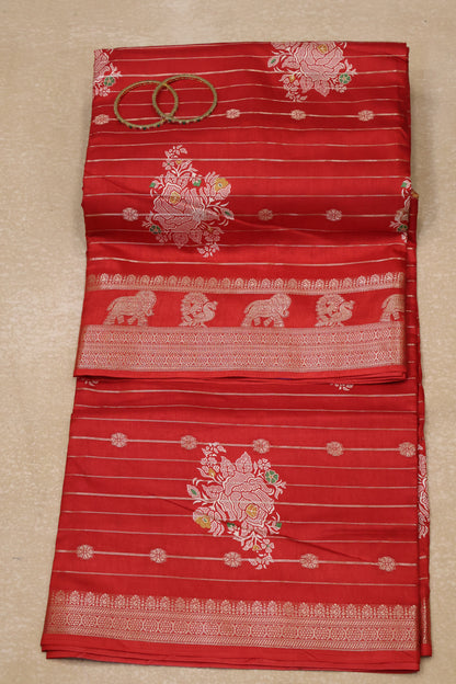 Dola Silk Saree- Red Rose Zari Lines Rose